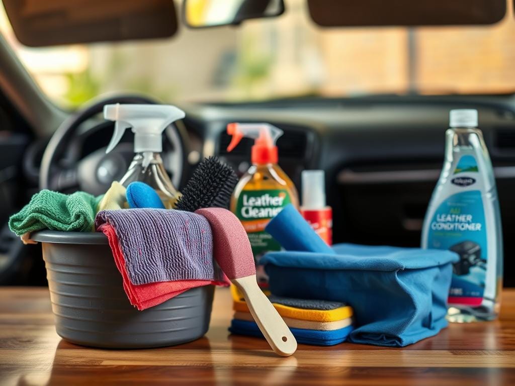A neatly arranged array of cleaning supplies for a car's interior. In the foreground, a bucket filled with microfiber cloths, sponges, and a specialized upholstery brush. In the middle ground, glass cleaner, all-purpose cleaner, and a leather conditioner displayed on a wooden surface. The background features a blurred, out-of-focus image of a car's dashboard, providing context. The lighting is soft and diffused, creating a warm, inviting atmosphere. The overall scene conveys a sense of organization and preparedness for a thorough car interior cleaning session.