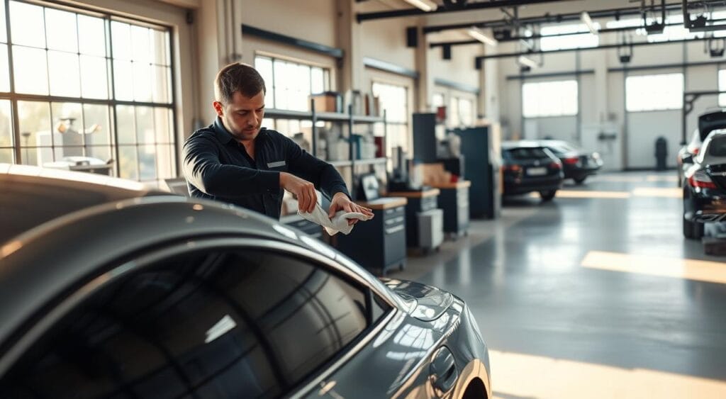 A serene automotive workshop, flooded with warm, natural lighting filtering through large windows. In the foreground, a meticulously detailed car, its sleek body gleaming with a freshly polished finish. Carefully, a skilled technician applies a premium wax, working it into the surface with a soft microfiber cloth, leaving behind a mirror-like shine. In the middle ground, shelves display an array of specialized cleaning products and tools, signifying the importance of proper car care and maintenance. The background features neatly organized workstations, subtle industrial touches, and the faint silhouettes of other vehicles undergoing their own transformations, emphasizing the significance of the auto detailing process.