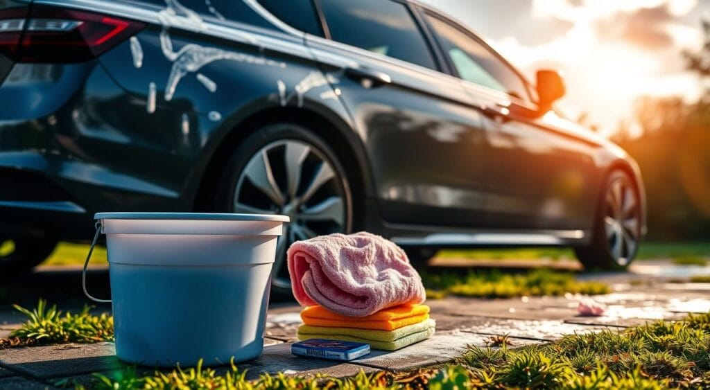 A serene outdoor scene, the sun's golden rays gently illuminating a freshly washed car. In the foreground, a bucket, sponge, and cleaning supplies sit neatly on the ground, hinting at the meticulous exterior detailing about to commence. The car, a sleek and polished sedan, reflects the surrounding greenery and cloudless sky, its surface gleaming as if newly minted. The scene exudes a sense of care and attention to detail, embodying the essence of "Äußere Reinigung: Auto richtig waschen" - a tranquil moment of automotive rejuvenation.