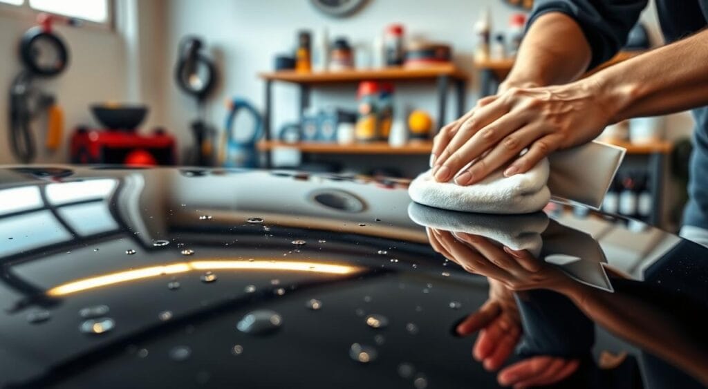 A shiny, well-maintained car paint surface in the foreground, with droplets of water glistening under soft, warm lighting. In the middle ground, a person's hands carefully applying a high-quality car polish using a microfiber applicator pad, creating a smooth, even finish. The background depicts a tranquil garage setting, with various car care products neatly organized on shelves, emphasizing the importance of effective and meticulous Lackpflege (car paint care) for achieving a stunning, glossy vehicle appearance.