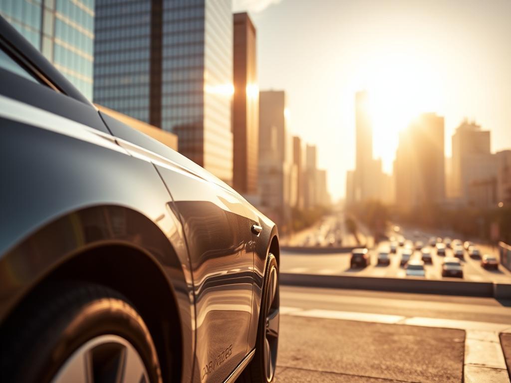 A sleek, modern automobile against a backdrop of a sunlit cityscape, capturing the essence of affordable online car insurance. In the foreground, the vehicle's clean lines and glossy finish stand out, conveying a sense of quality and reliability. The middle ground features a bustling urban environment, with skyscrapers and busy streets, representing the convenience and accessibility of digital insurance services. The warm, golden lighting casts a welcoming glow, evoking a feeling of security and trust. The overall composition exudes a sense of efficiency, simplicity, and the empowerment of finding the best car insurance rates online.