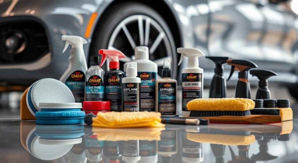 A well-lit, detailed close-up of the essential steps of automotive care, showcasing a variety of car care products arranged neatly on a clean, reflective surface. The foreground features polishes, waxes, and cleaning tools meticulously placed, creating a visually appealing and informative composition. The middle ground includes a partially visible car body, hinting at the final results of a thorough detailing process. The background is softly blurred, maintaining the focus on the core automotive maintenance items. The overall mood is one of professionalism, efficiency, and a dedication to preserving the pristine condition of a vehicle.