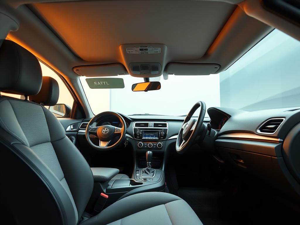 A well-lit, modern car interior with a focus on the clean, well-maintained dashboard and center console. The steering wheel, gear shift, and various buttons and controls are visible, reflecting the attention to detail in the vehicle's maintenance. The seats are neatly upholstered, and the overall space is organized and clutter-free, conveying a sense of care and pride in the car's appearance. Warm, diffused lighting illuminates the scene, creating a welcoming and inviting atmosphere. The camera angle is slightly elevated, allowing for a comprehensive view of the tidy, well-kept interior.