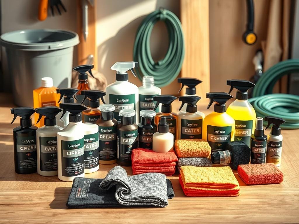 A well-organized display of high-quality car care products arranged on a clean, minimalist wooden surface. The foreground features an assortment of polishes, waxes, and cleaners in sleek, modern packaging. The middle ground showcases microfiber cloths, sponges, and applicators, all neatly arranged. The background subtly hints at the tools of the trade, such as a bucket, hose, and other detailing implements, creating a sense of a comprehensive auto detailing setup. Warm, natural lighting casts a gentle glow, emphasizing the premium quality and care-focused nature of the products. The overall scene conveys a sense of organization, attention to detail, and the importance of proper vehicle maintenance.