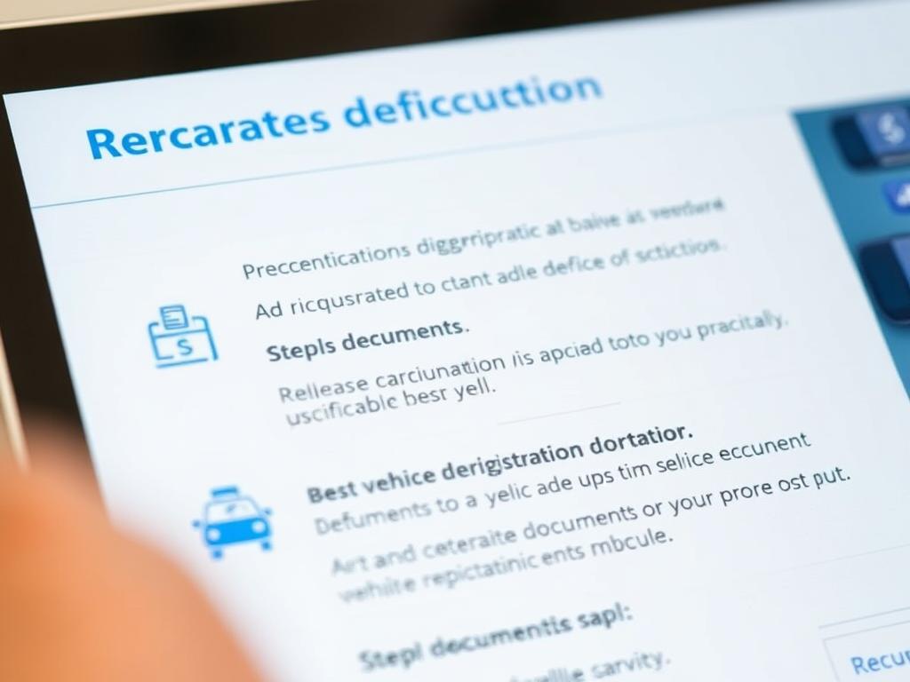 Detailed digital interface displaying the requirements for online vehicle deregistration. Sleek, minimalist design with clean typography and icons. Prominent sections outlining key steps, documents, and information needed. Soft, muted color palette with blue and gray accents. Subtle background texture or pattern suggesting digital technology. Camera angle slightly elevated to showcase the layout and organization of the interface. Crisp, high-resolution rendering for clarity and legibility. Conveys a sense of efficiency, simplicity, and user-friendliness for the online deregistration process.