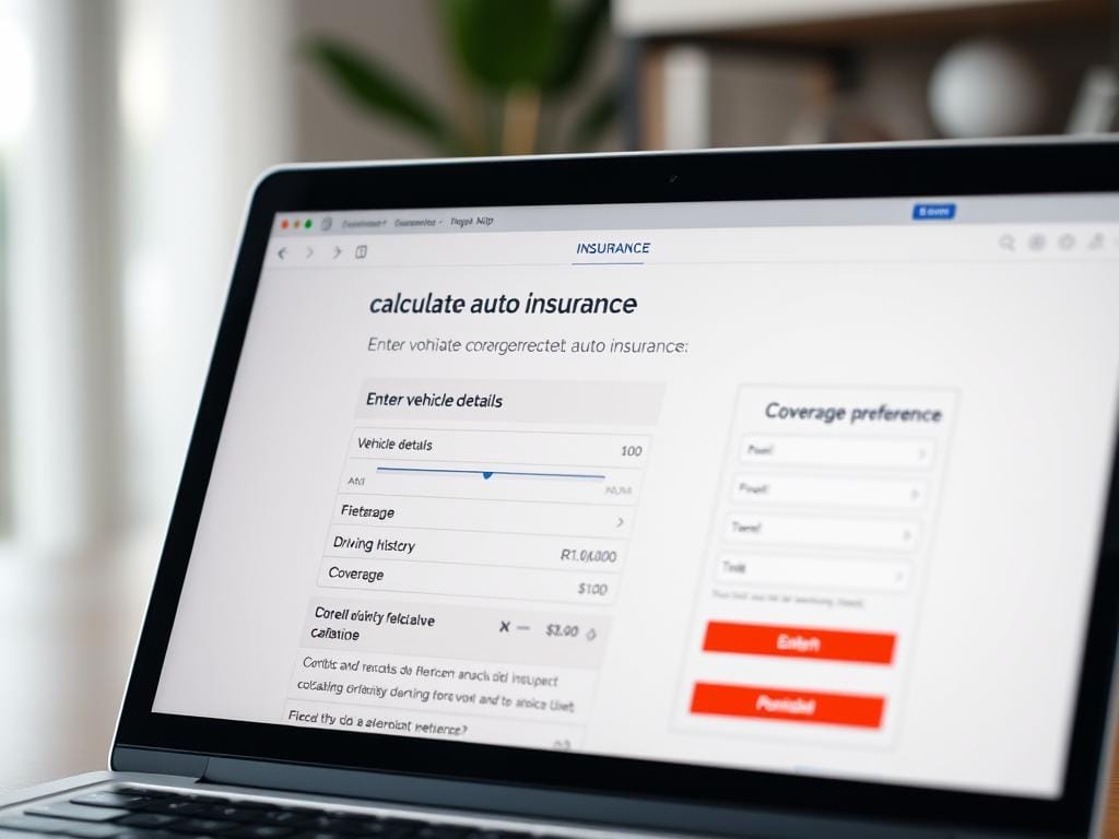 A close-up view of a laptop or tablet screen displaying an interactive insurance comparison website, with a focus on the "calculate auto insurance" section. The background is blurred, placing emphasis on the screen's contents. The UI features clear, intuitive layout with prominent call-to-action buttons, sliders, and data fields for entering vehicle details, driving history, and coverage preferences. The screen is well-lit, with a warm, inviting color palette that conveys trust and efficiency. The overall mood is one of calm, confidence, and control over the insurance selection process.