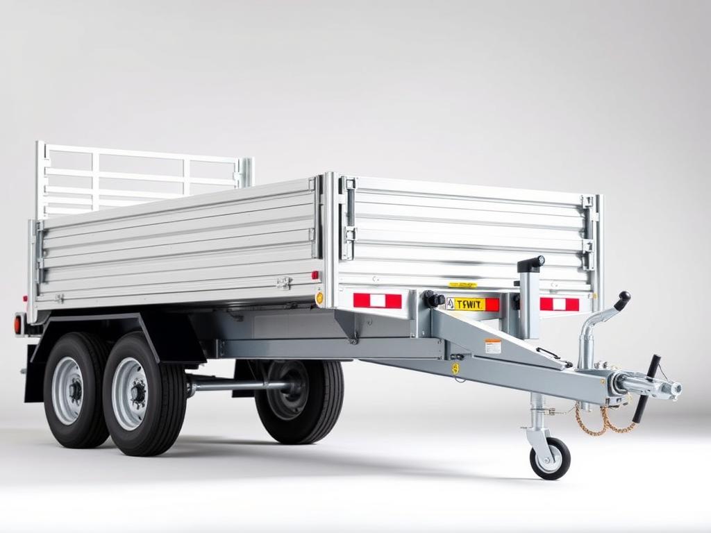 A detailed, high-quality image of a TÜV Anhänger (trailer) against a clean, well-lit background. The trailer should be depicted in a side profile view, showcasing its construction and key features. The foreground should highlight the sturdy frame, reinforced axles, and metal body panels. The middle ground should include the trailer hitch, safety couplings, and lighting fixtures. The background should have a neutral, slightly blurred setting to maintain focus on the trailer itself. Convey a sense of reliability, functionality, and technical precision, as expected from a TÜV-certified trailer.