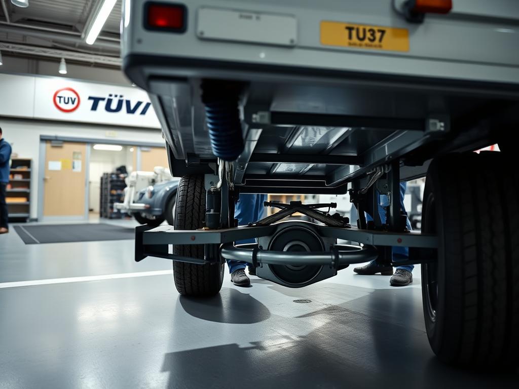 A detailed, technical diagram of a trailer undergoing a TÜV inspection. In the foreground, a trailer hitched to a vehicle, its undercarriage and suspension system clearly visible. In the middle ground, a technician examining the trailer with a clipboard, dressed in a blue uniform. In the background, a TÜV facility with signage, surrounded by a tidy, well-lit workshop environment. The lighting is crisp and directional, casting shadows that highlight the trailer's structure. The camera angle is low, emphasizing the scale and technical nature of the inspection process. The overall mood is one of precision, professionalism, and attention to detail, reflecting the importance of the TÜV certification for vehicle safety and roadworthiness.
