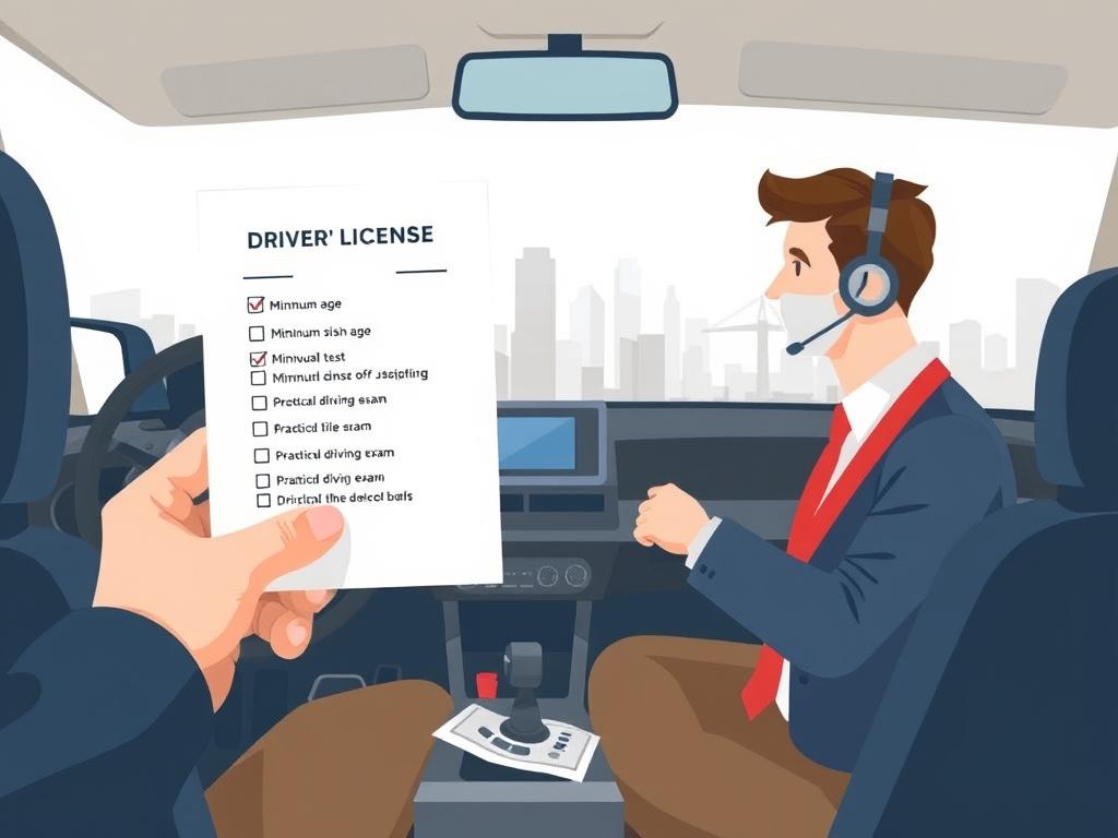 A detailed, technical illustration of the prerequisites for obtaining a BE driver's license, showcased in a clean, professional style. The foreground depicts a person holding a driver's license document, with a checklist of requirements such as minimum age, vision test, and practical driving exam. The middle ground features a modern, well-equipped driving school setting, with an instructor and a student behind the wheel of a van or light truck. The background displays a city skyline, suggesting the urban environment where the BE license is applicable. The lighting is crisp and natural, with a slightly muted color palette to convey a sense of authority and reliability. The overall composition should be balanced and visually appealing, inviting the viewer to explore the details of the BE license prerequisites.