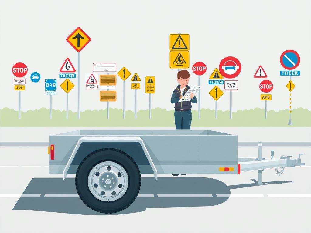 A well-lit, detailed illustration depicting the obligations and responsibilities of trailer owners. In the foreground, a neatly parked trailer with its wheels, lights, and safety features prominently displayed. The middle ground shows a person performing a thorough inspection, checking the trailer's condition and documentation. In the background, various traffic signs and regulations relevant to trailer ownership are visible, creating a sense of the legal and safety context. The overall scene conveys a sense of diligence, organization, and a commitment to responsible trailer ownership, with a clean, technical aesthetic.