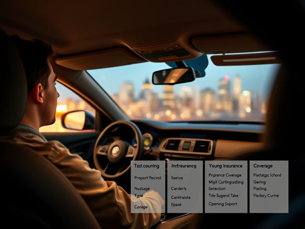 A young, confident driver sits behind the wheel of a sleek, modern car, focused on the road ahead. The interior is illuminated by soft, warm lighting, creating a sense of comfort and control. The car's dashboard displays various insurance coverage options, reflecting the importance of comprehensive auto insurance, especially for young drivers. In the background, a city skyline blurs, emphasizing the protection and security that a reliable insurance policy can provide. The overall scene conveys the peace of mind that comes with having the right auto insurance, tailored to the unique needs of young drivers navigating the open road.