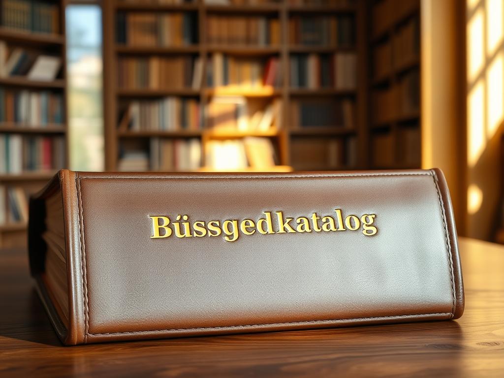 A large leather-bound book with the title "Bußgeldkatalog" embossed in gold on the cover, resting on a wooden table in a sunlit study. The pages are slightly worn, hinting at the book's authoritative history. The lighting is warm and inviting, casting a soft glow across the scene. In the background, bookshelves line the walls, suggesting a wealth of knowledge. The composition is balanced, drawing the viewer's eye to the central book, the focal point of the image.