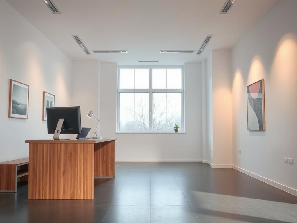 A minimalist office interior with a clean, modern aesthetic. In the foreground, a wooden desk with a computer monitor and a few minimal office supplies. A large window behind the desk, allowing natural light to flood the space. The walls are adorned with subtle, abstract art prints, creating a sophisticated, professional ambiance. The floor is covered in a sleek, gray tile. Indirect lighting fixtures cast a warm, inviting glow throughout the room. An open, airy atmosphere that suggests efficiency and attention to detail, reflecting the character of the Kfz-Zulassung process in Berlin.