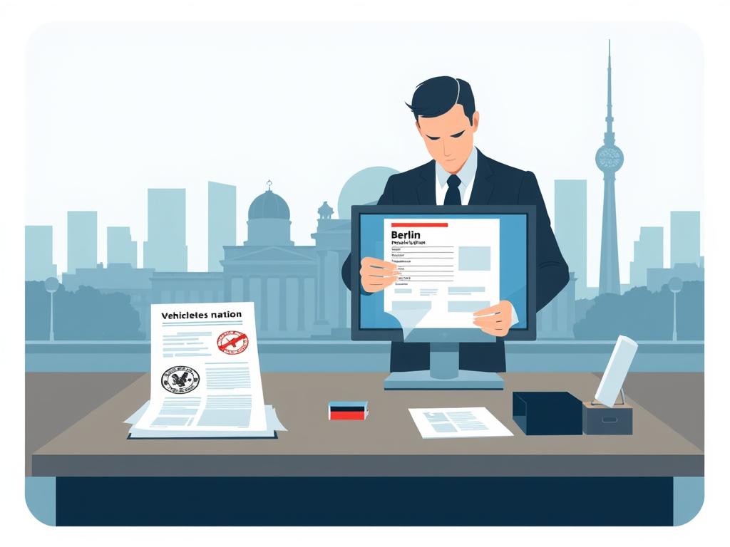 A modern and minimalist illustration depicting the vehicle registration process in Berlin. In the foreground, a bureaucratic desk with official documents, stamps, and a computer monitor displaying a vehicle registration form. In the middle ground, a person in formal attire is carefully reviewing the paperwork. The background features the iconic skyline of Berlin, with the distinctive silhouettes of the Reichstag building and the TV Tower visible. The lighting is cool and subdued, conveying a sense of efficiency and order associated with government services. The overall atmosphere is one of professionalism and attention to detail, reflecting the importance of the vehicle registration process.