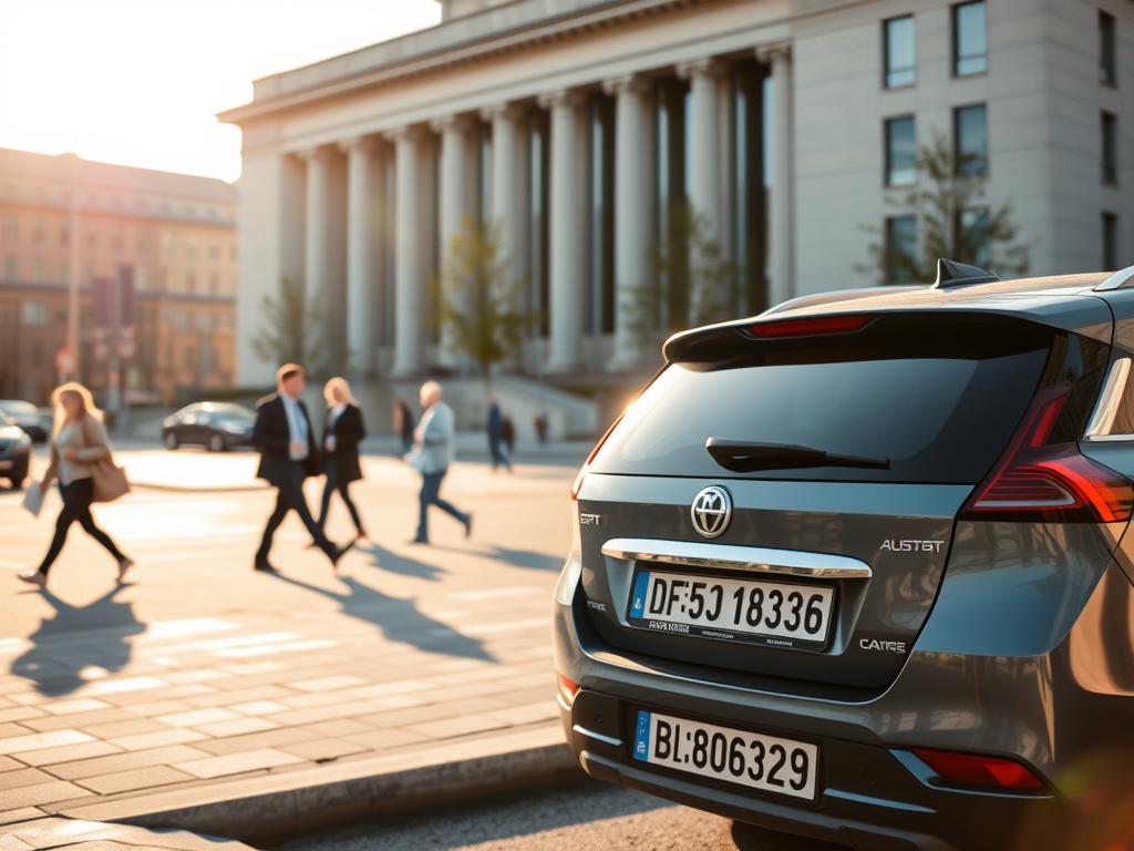 A modern, sleek German city street scene with the imposing facade of a government administrative building in the background. In the foreground, a car parked on the curb, its registration plates prominently displayed. The middle ground features people walking by, some carrying documents, conveying the bureaucratic nature of the auto registration process. Warm, diffused sunlight filters through, casting a soft glow and creating long, dramatic shadows. The overall atmosphere is one of efficiency, organization, and the importance of proper vehicle registration in the urban landscape.