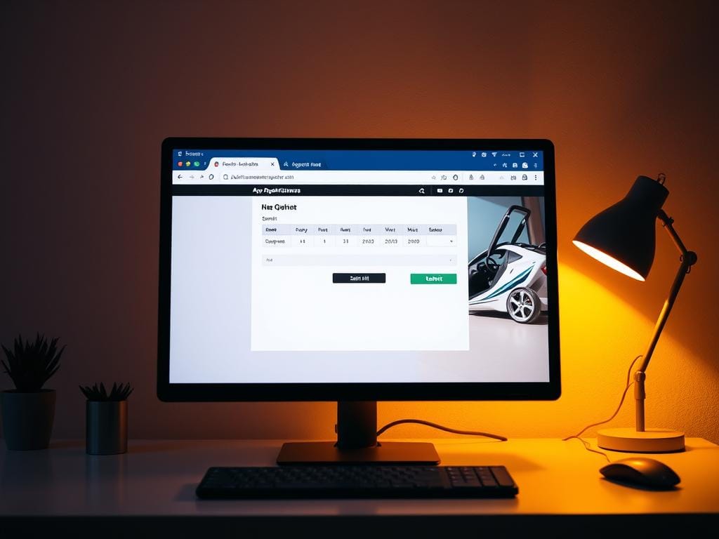 A modern, sleek computer desktop with a web browser window prominently displaying an online appointment scheduling page. The desktop is neatly organized, with a few minimalist icons and a tasteful background image. Warm, directional lighting illuminates the scene, creating a clean, professional atmosphere. The appointment scheduler interface features a simple, intuitive layout with a calendar, time slots, and a submit button. The overall composition conveys the ease and convenience of scheduling an important administrative task like vehicle registration online.