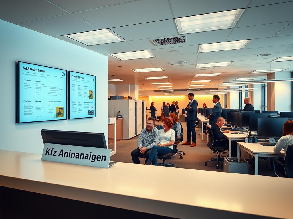 A modern, well-lit administrative office interior with clean, minimalist design. In the foreground, a reception desk with a simple nameplate reading "Kfz Anmeldung Berlin". Behind the desk, a wall-mounted display shows information and instructions for the vehicle registration process. In the middle ground, several citizens sit and stand, waiting their turn to be helped by the friendly, professional staff. The background features rows of desks, filing cabinets, and computer terminals, creating an atmosphere of efficiency and organization. Warm, indirect lighting illuminates the scene, conveying a sense of calm and approachability. The overall composition suggests a seamless, user-friendly experience for those seeking to register their vehicles in Berlin.