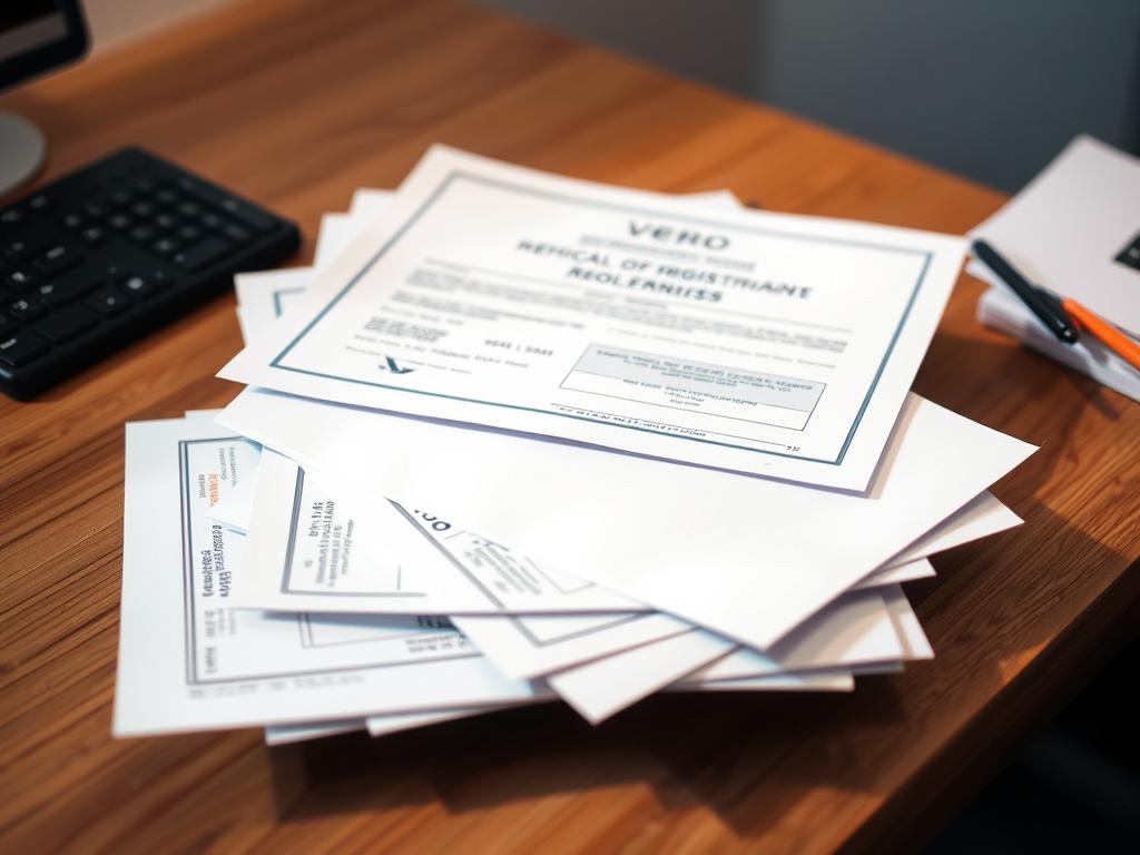 A neatly organized stack of official documents and forms, including a vehicle registration certificate, proof of insurance, and identification papers, resting on a clean, well-lit wooden desk. The lighting is soft and natural, creating a sense of professionalism and efficiency. The angle is slightly elevated, allowing the viewer to see the documents in detail. The overall mood is one of organization and attention to detail, reflecting the care and preparation required for a successful vehicle registration process.