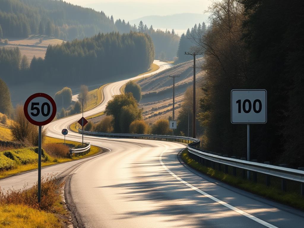 A rural German country road winds through rolling hills, lined with dense forest and farmland. In the foreground, a series of speed limit signs clearly mark the speed restrictions - "50", "70", "100" - as the road transitions from winding country lanes to wider straightaways. The asphalt is well-maintained, with clear lane markings and sturdy guardrails lining the curves. Soft, diffused sunlight filters through the trees, casting long shadows across the road. The scene conveys a sense of order, safety, and regulation amidst the natural landscape. The overall mood is one of peaceful, controlled mobility on a classic German Landstraße.
