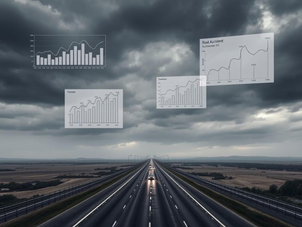 A vast, imposing highway stretches out under a cloudy, dramatic sky. In the foreground, a series of statistical graphs and charts float in mid-air, displaying data on road accidents and traffic violations. The charts are rendered in a clean, minimalist style, conveying the cold, objective nature of the data. In the middle ground, a line of vehicles crawls along the highway, their headlights cutting through the gloom. The atmosphere is one of seriousness and concern, heightening the sense of the dangers and risks inherent in modern road travel. The overall composition draws the viewer's attention to the critical information being presented, while evoking a sense of unease and the need for greater safety awareness.