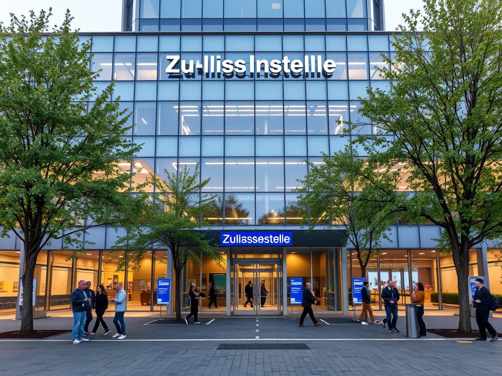 A well-lit exterior view of the Zulassungsstelle (Vehicle Registration Office) in Cologne, Germany. The building is a modern, multi-story structure with a sleek, glass-and-steel facade. The entrance is flanked by trees and surrounded by a small public plaza, creating an inviting and accessible atmosphere. In the foreground, citizens can be seen entering and exiting the building, conveying the idea of a busy, efficient service center. The overall scene suggests a streamlined, user-friendly experience for those needing to register or manage their vehicles in the city of Cologne.