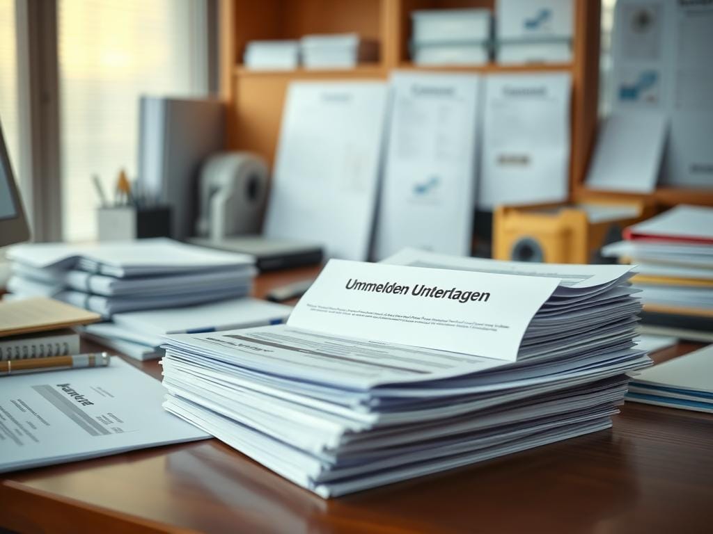 A well-organized office desk with various documents, folders, and stationery neatly arranged. The focal point is a stack of "Ummelden Unterlagen" - documents required for vehicle registration, including forms, certificates, and identification. The lighting is soft and diffused, creating a warm, professional atmosphere. The background is blurred, emphasizing the important paperwork in the foreground. The composition is balanced, with a sense of order and attention to detail, reflecting the meticulous process of vehicle registration.
