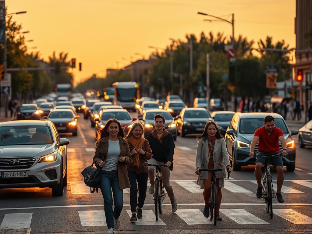 A bustling city street at dusk, with cars, pedestrians, and cyclists navigating the urban landscape. The scene is bathed in warm, golden light, creating a sense of tranquility and safety. In the foreground, a group of pedestrians cross the road at a well-marked crosswalk, their expressions relaxed and confident. In the middle ground, a cyclist rides alongside the cars, protected by dedicated bike lanes. In the background, streetlights and traffic signals guide the flow of traffic, ensuring the smooth and orderly movement of vehicles. The overall atmosphere conveys a sense of Verkehrssicherheit, or road safety, where all road users coexist harmoniously and responsibly.
