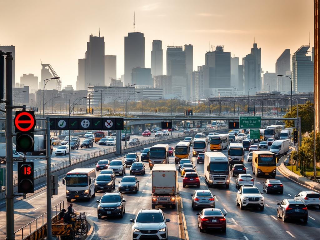 A bustling urban intersection during rush hour, with vehicles of various sizes and types navigating the roads. In the foreground, a series of traffic signals and speed limit signs stand as guardians, monitoring the flow of traffic. The middle ground is a tapestry of cars, trucks, and buses, their speeds ranging from cautious crawls to occasional bursts of acceleration. In the background, a panorama of towering buildings and infrastructure sets the stage, casting long shadows that dance across the asphalt. The scene is illuminated by a mix of natural and artificial lighting, creating a sense of intensity and urgency. The overall mood is one of controlled chaos, a visual representation of the constant challenge of balancing traffic volume and speed.