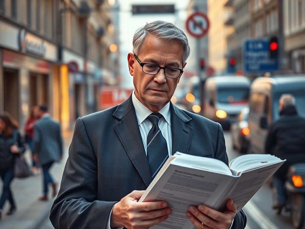 A highly detailed, photorealistic illustration of the definition of "Ordnungswidrigkeiten" in the context of road traffic regulations. The image should depict a middle-aged person in a suit, representing a law enforcement officer, standing in a busy urban street scene, examining a large book or document that represents the legal code. The foreground should be sharply in focus, with the officer's facial expression conveying a serious, authoritative demeanor. The background should be slightly blurred, showing the bustling activity of pedestrians, vehicles, and city infrastructure, emphasizing the setting of the road traffic environment. The lighting should be natural, with warm, golden tones to evoke a sense of professionalism and officialdom. The overall composition should convey the idea of the "definition of Ordnungswidrigkeiten" in a clear, visually compelling way.