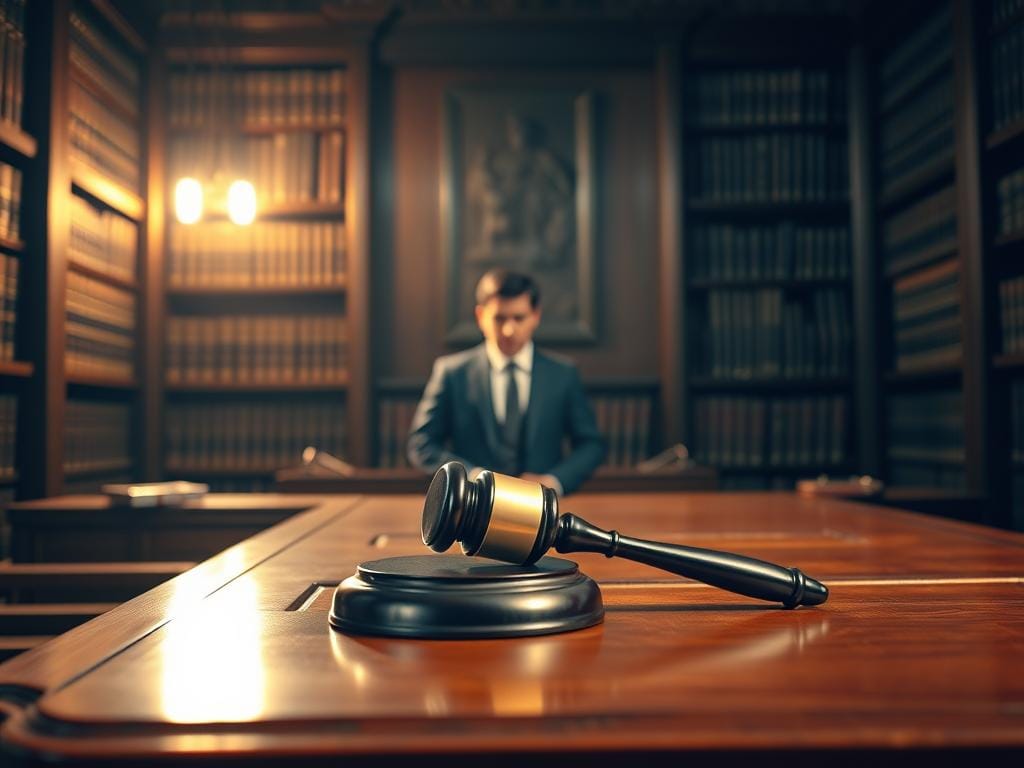 A meticulously detailed courtroom scene, illuminated by warm, soft lighting from above. In the foreground, a judge's gavel rests on a polished wooden bench, symbolizing the gravity of legal consequences. In the middle ground, a defendant stands before the judge, their expression solemn and apprehensive. The background features towering bookshelves, filled with volumes of legal codes and precedents, hinting at the complex web of laws governing speeding infractions. Subtle shadows and depth-of-field create a sense of foreboding, underscoring the weight of the situation. The overall mood is one of seriousness and legal formality, reflecting the serious nature of the "Rechtliche Folgen einer Überschreitung" topic.