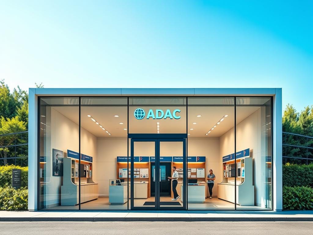 A modern, minimalist information center with a sleek glass facade and prominent ADAC logo. The center is set against a backdrop of lush greenery and a clear blue sky, creating a welcoming and approachable atmosphere. The interior is bathed in warm, natural lighting from large windows, showcasing a clean, organized layout with informational displays and helpful staff ready to assist visitors. The overall design exudes a sense of professionalism, reliability, and accessibility, perfectly encapsulating the ADAC Info Hotline's commitment to providing round-the-clock service and support.