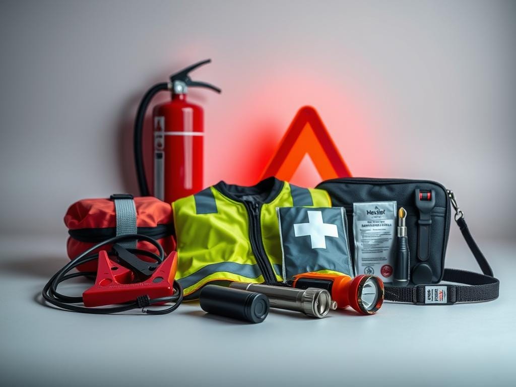 A neatly organized collection of essential emergency equipment for the car, artfully displayed against a softly-lit, minimalist background. In the foreground, a jumper cable, a reflective safety vest, and a compact first-aid kit lie alongside a sturdy flashlight and a multitool. In the middle ground, a fire extinguisher and a reflective warning triangle stand ready for any unexpected situations. The background features a plain, neutral-toned surface, allowing the essential items to take center stage and convey a sense of preparedness and reliability. The overall composition is clean, well-balanced, and captures the practical necessity of a comprehensive car emergency kit.