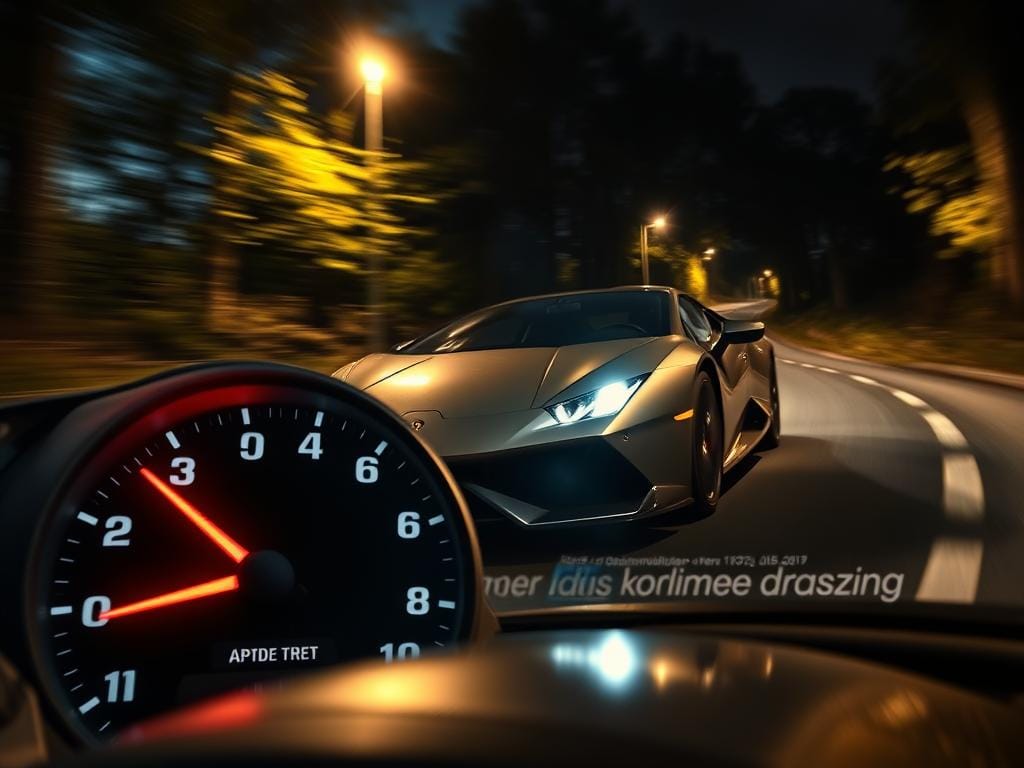 A speeding car racing down a winding road, its headlights illuminating the night. In the foreground, a speedometer needle rapidly climbing, capturing the urgency and adrenaline of the moment. The middle ground features the car's sleek, aerodynamic silhouette, with bold lines and a gleaming metallic finish. The background is a blur of trees and streetlights, suggesting the car's high velocity. The lighting is dramatic, with shadows and highlights creating a sense of motion and energy. The camera angle is low, emphasizing the car's power and the driver's daring. The overall mood is one of thrill and potential danger, conveying the consequences of "Geschwindigkeitsüberschreitung" or speeding.