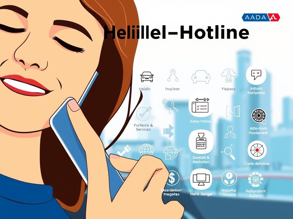 A vibrant and modern illustration of the ADAC Hilfe-Hotline service, showcasing its 24/7 availability and wide-ranging support. In the foreground, a close-up view of a person making a call on a sleek, minimalist smartphone, their expression conveying a sense of relief and reassurance. The middle ground features an array of helpful icons and infographic elements, visually communicating the diverse range of services offered by the hotline. In the background, a soft, blurred cityscape sets the scene, hinting at the ubiquity and accessibility of the ADAC Hilfe-Hotline from anywhere. The overall mood is one of efficiency, responsiveness, and the peace of mind that comes with having a reliable, 24-hour emergency support network.