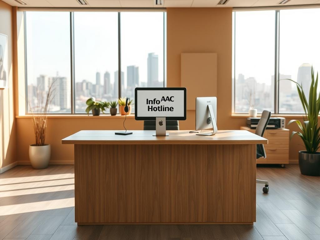 A well-lit modern office interior with a prominent call center desk. The desk is made of warm wooden tones and has a clean, minimalist design. On the desk, a high-quality headset and a computer monitor display the "ADAC Info Hotline" branding. Behind the desk, a large window offers a view of a bustling city skyline, bathed in soft, natural light. The walls are adorned with soothing earth-toned decor, creating a professional yet inviting atmosphere. The scene conveys a sense of efficiency, customer service, and the availability of round-the-clock assistance for ADAC members.