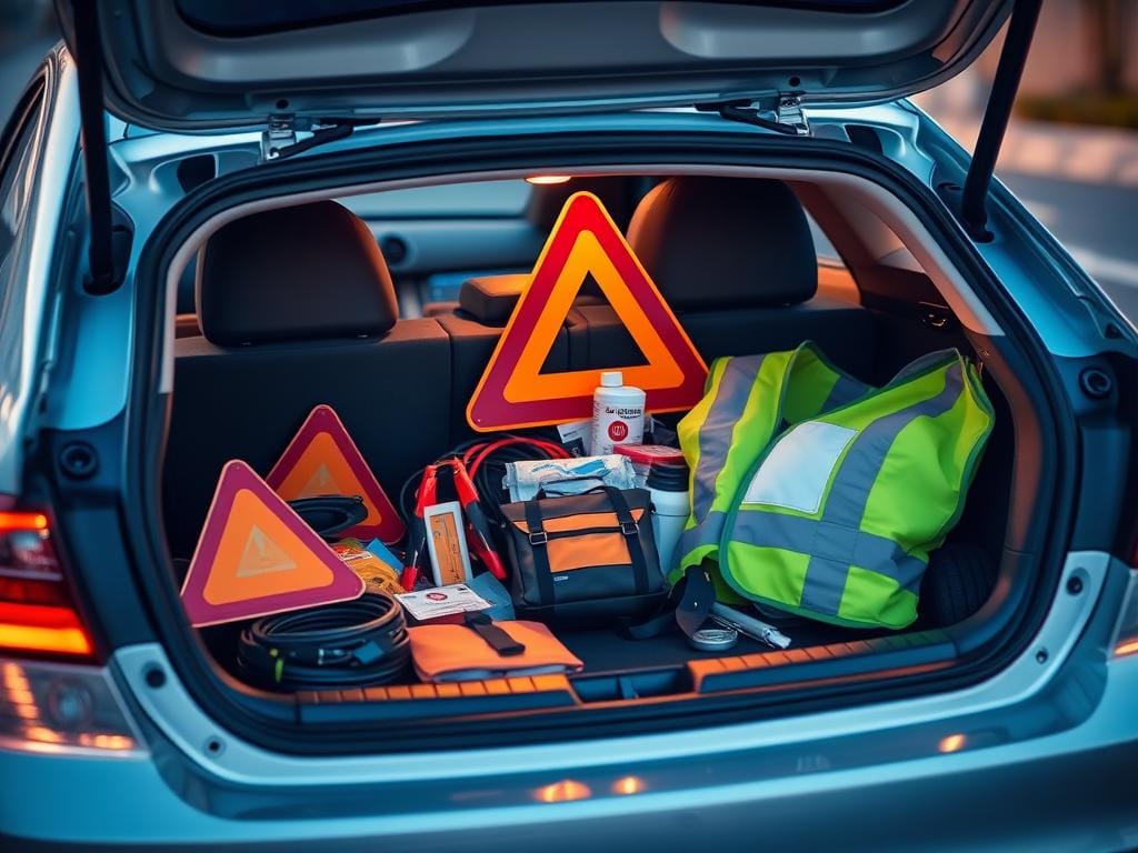 A well-organized emergency roadside kit in the trunk of a modern sedan, bathed in soft, warm lighting. The kit contains essential items such as reflective triangles, jumper cables, a first-aid kit, and a high-visibility safety vest. The arrangement is visually appealing, conveying a sense of preparedness and attention to detail. The background is blurred, keeping the focus on the curated contents of the kit. The overall mood is one of safety, organization, and responsible car ownership.