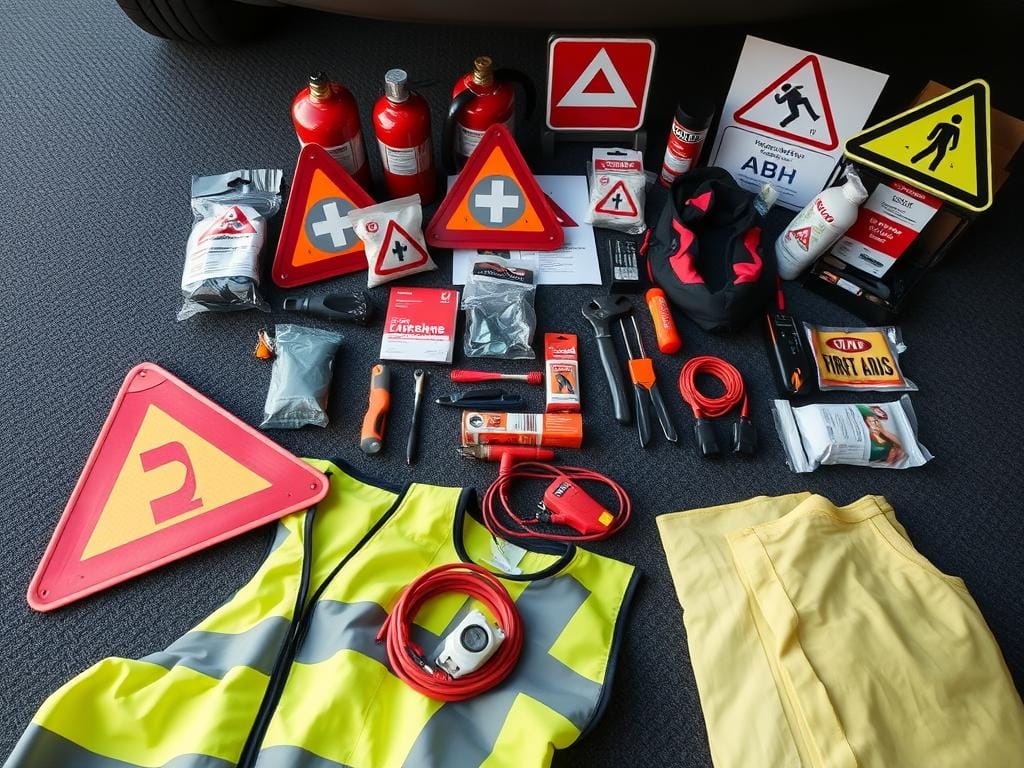 A well-stocked emergency roadside kit for a car, laid out on a dark, textured surface. In the foreground, a high-visibility safety vest, a reflective warning triangle, and a set of jumper cables. In the middle ground, a flashlight, a first aid kit, and a set of tools including a tire iron and lug wrench. In the background, a fire extinguisher, a warning sign, and other essential items for automotive emergencies, all evenly lit by a warm, natural light. The overall atmosphere conveys a sense of preparedness and safety, with a clean, organized aesthetic.