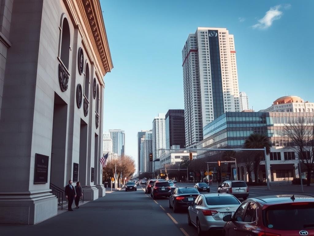 An imposing government building, its facade adorned with official seals and ornate details, stands in the foreground, casting a serious, authoritative presence. The middle ground features a busy street scene, with cars and pedestrians navigating the traffic. In the background, a cityscape of tall, modern buildings and a clear, blue sky create a sense of urban context. Soft, diffused lighting illuminates the scene, lending an air of professionalism and gravity. The overall composition conveys the weight and consequence of legal infractions, hinting at the formal, bureaucratic processes involved in traffic violations and their resolutions.