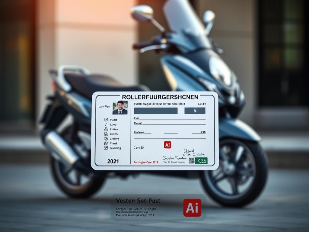 A detailed digital illustration of a Rollerführerschein (moped driver's license) class B document. The document is prominently displayed in the center of the frame, its crisp edges and glossy surface catching the light. In the background, a sleek modern moped is parked, its chrome accents gleaming. The overall atmosphere is one of professionalism and authority, with a subtle sense of motion and dynamism to convey the freedom and mobility associated with moped riding. The lighting is soft and natural, creating depth and dimension. The composition is balanced and visually striking, drawing the viewer's eye to the important details of the license document.