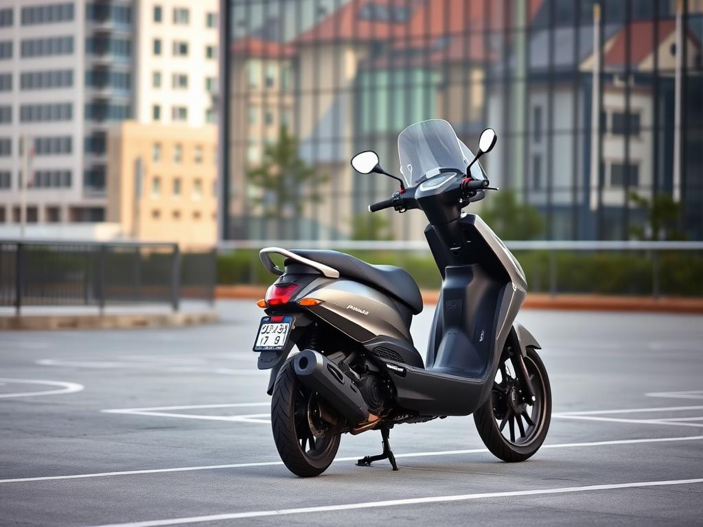 A high-resolution, realistic image of a motorcycle or scooter that a person holding a Class B driver's license can legally operate in Germany. The vehicle should be depicted in a well-lit, modern urban setting, perhaps on a city street or in a parking lot. The image should convey a sense of practicality and convenience, with the motorcycle/scooter showcased as a viable transportation option for those with a Class B license. The scene should be free of any distracting elements, allowing the viewer to focus on the key details of the vehicle and its relationship to the Class B license requirements.