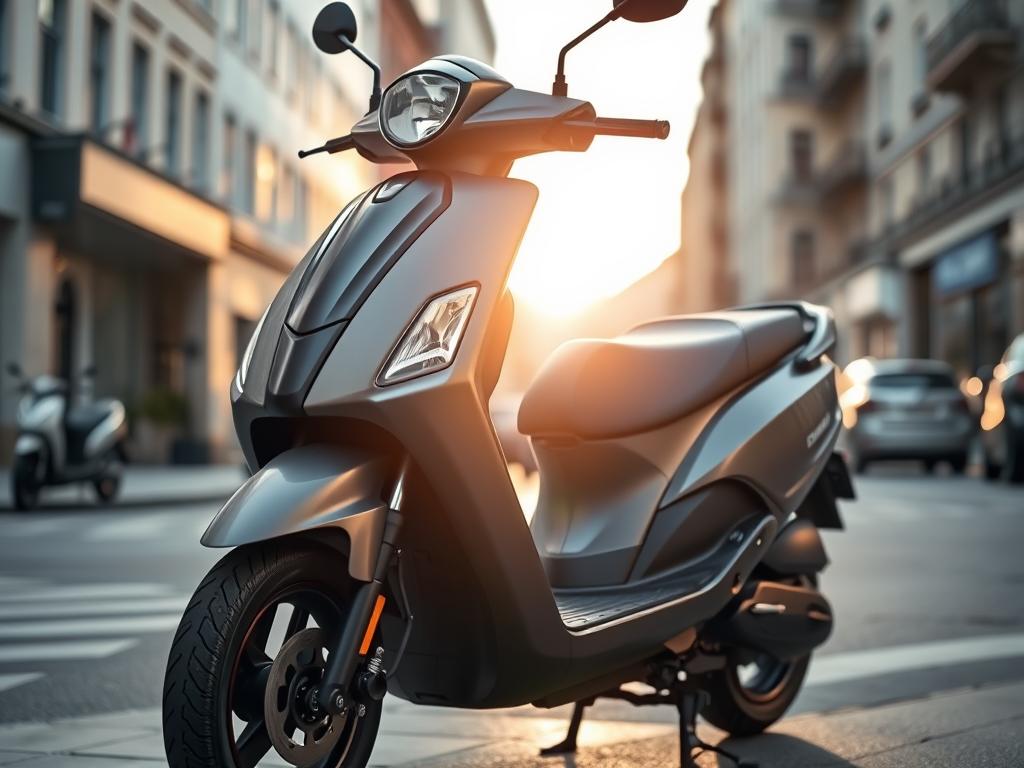 A sleek and modern motorized scooter with a sturdy metal frame and a streamlined design, parked on a city street with buildings and other vehicles in the background. The scooter is highlighted by warm, natural lighting that casts subtle shadows, creating a sense of depth and dimension. The scene conveys a sense of urban mobility and the convenience of a Führerschein Klasse B-approved vehicle for navigating the bustling city.
